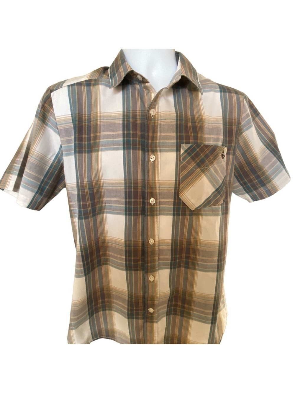 VOLCOM Stone Beige & Blue Plaid Short Sleeve Collared Shirt Men S Small